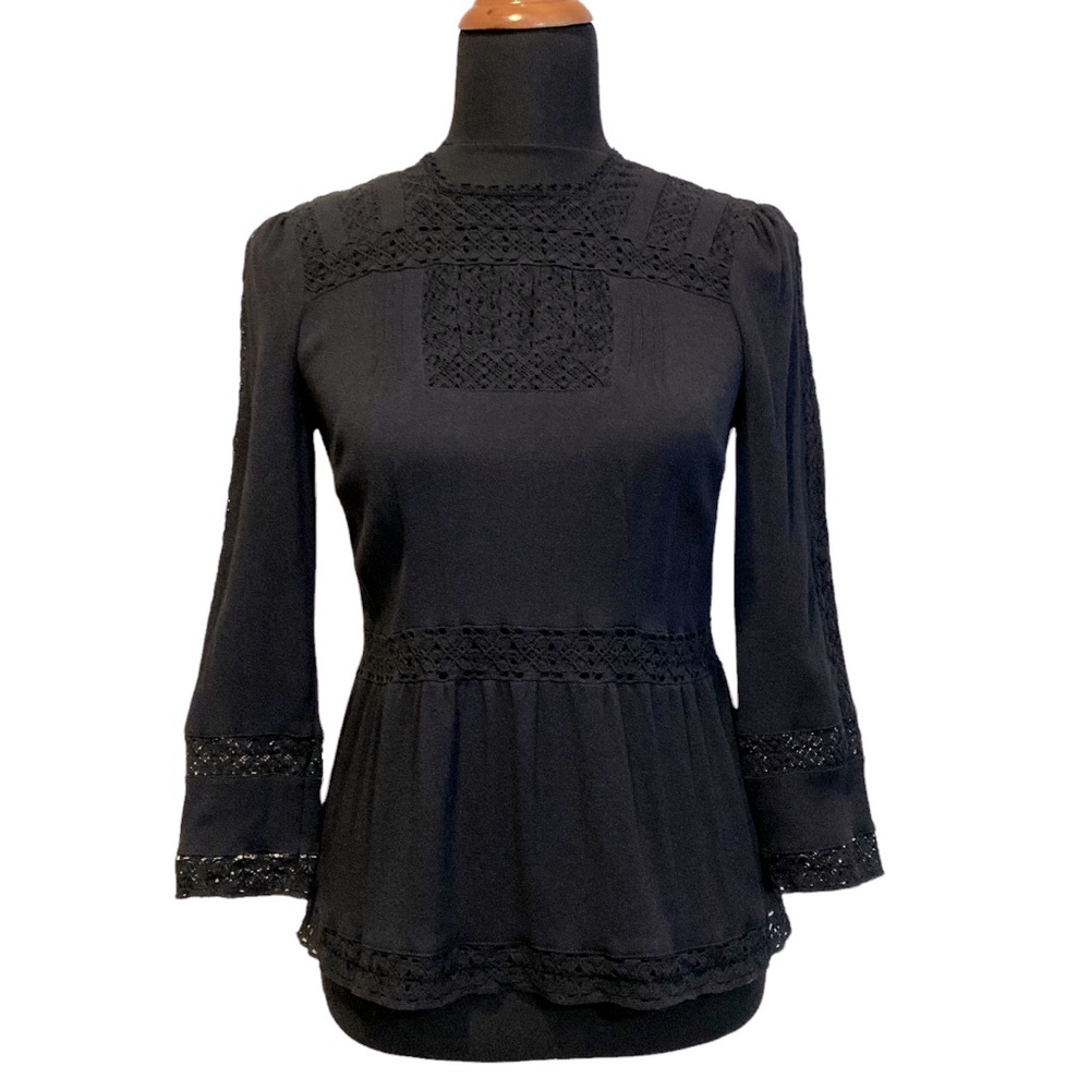 J. CREW POINT SUR BLACK LONG SLEEVE FITTED BLOUSE WITH LACE DETAIL SIZE 2